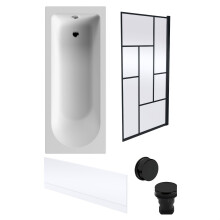 Round Single Ended 1700x700 Bath Set - Front Bath Panel & Black Abstract Framed Screen & Black Waste