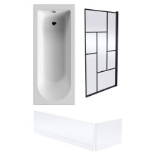 Round Single Ended 1700x700 Bath Set - Front & End Panels, Black Abstract Framed Screen & Leg Set