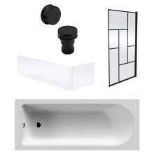 Round Single Ended 1700x700 Bath Set - Front & End Panels & Black Abstract Framed Screen & Black Waste