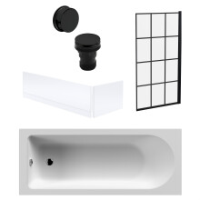Round Single Ended 1700x700 Bath Set - Front & End Panels & Black Square Framed Screen & Black Waste