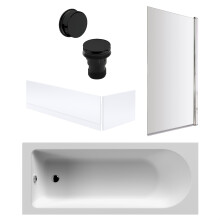Round Single Ended 1700x700 Bath Set - Front & End Panels & Chrome Screen & Black Waste