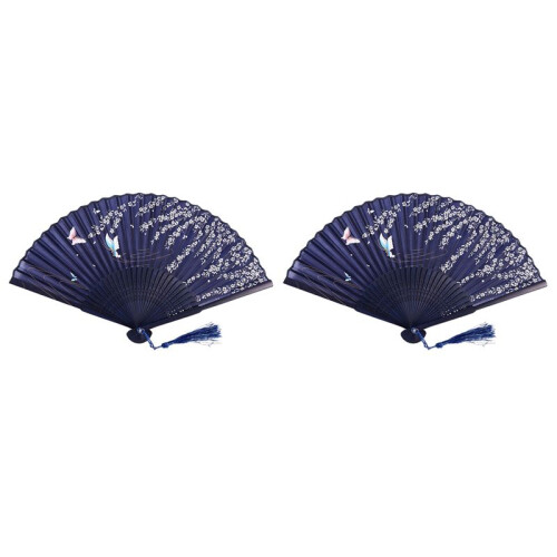 2X Folding Ventaglio In Pizzo di Bambù, Farfalla Blu Scuro e Fiore Bianco
