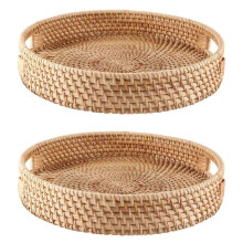 2X Round Rattan Serving Tray Decorative Woven Ottoman Trays with Handles for Coffee Table Natural(Small)