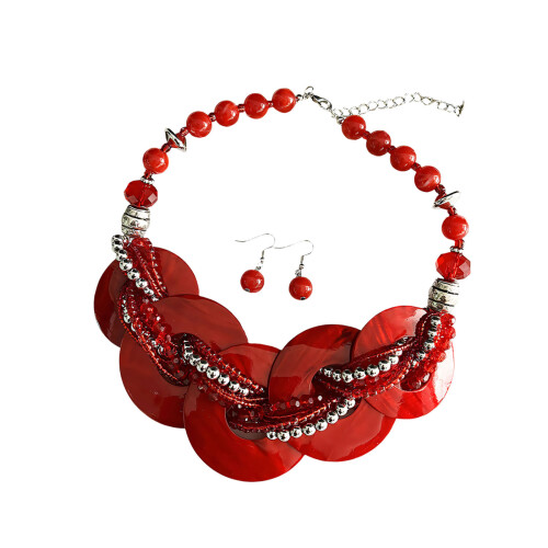 Bohemian Shell Necklace And Earrings Set Handcrafted-Red