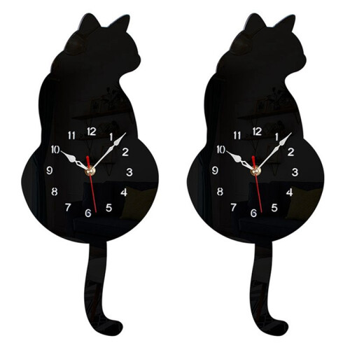 2X Black-Cat Pendulum Wall Clock,Cat Clock,Cat Clock with Moving Tail,Cat Swinging,Whimsical Funny Wall Clocks