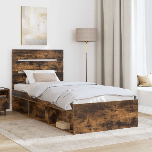 VidaXL vidaXL Bed Frame with Headboard Smoked Oak 90 x 200 cm Solid Pine Wood 2