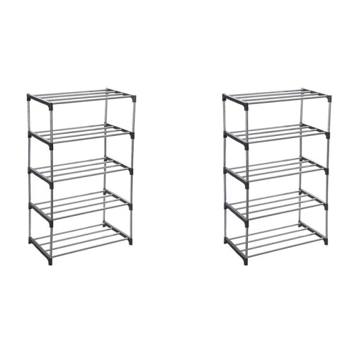 2X Stackable Small Shoe Rack, Entryway, Hallway and Closet Space Saving Storage and Organization (5-Tier, Black)