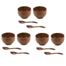 12 Pieces Wooden Handmade Bowl and Spoon for for Rice Miso Serving Home Kitchen Tableware