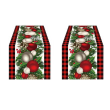 2X Linnen en Zwarte Geruite Geruite Kersttafelloper 72 Inch Lange Seizoenswinterkersttafeldecoratie