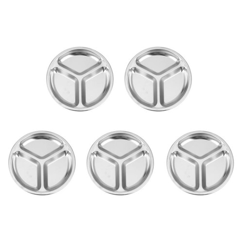 5X Stainless Steel 3 Sections Round Divided Dish Snack Dinner Plate Diameter 24Cm