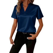 Damesshirt met korte mouwen, trui met V-hals,-Marineblauw M