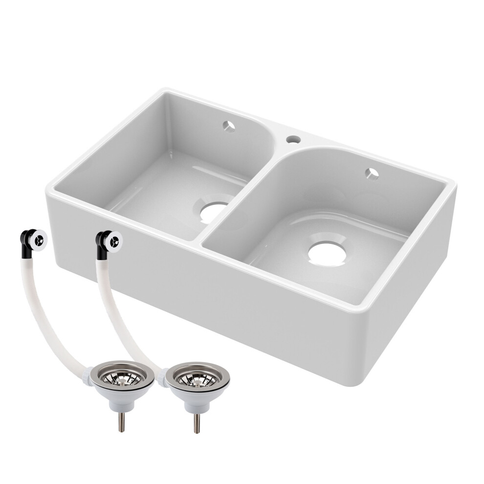 Double Bowl Fireclay Ceramic Butler Kitchen Sink With Full Weir, Overflows & Wastes 5056462698854