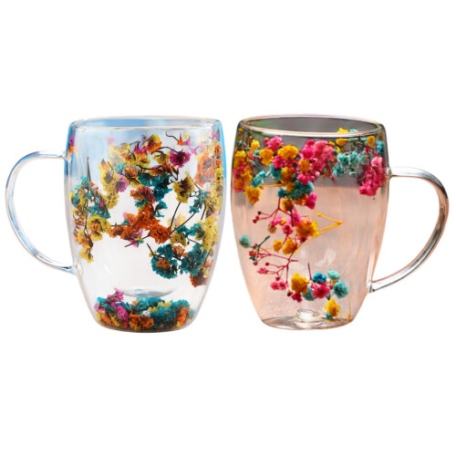 2PCS Fillings Dry Flowers Double Wall Glass Cup With Handle