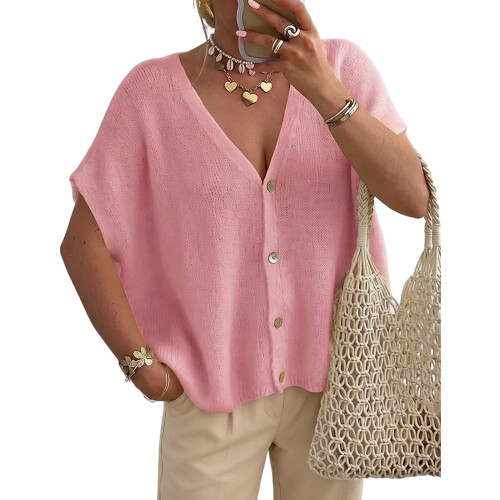 Modisches Strickoberteil für Damen, V-förmiger-Rosa L