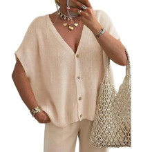 Bequeme Damen-Strickjacke mit kurzen Ärmeln und-Beige L