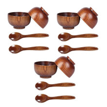3X Wood Spoons Bowl Set,Wooden Handmade Flatware Tableware Cutlery Soup Rice Bowls Serving Tableware for Eating,Rice