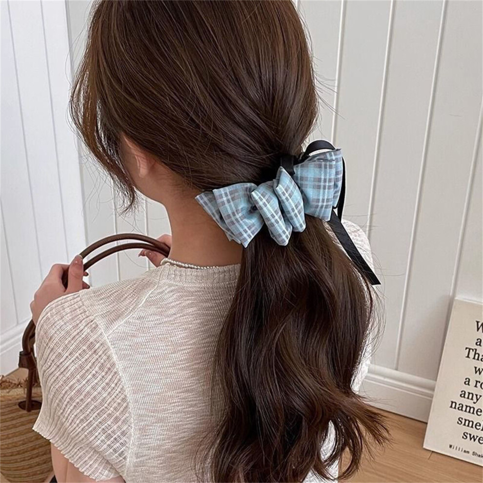 Phui-Pet-Supplies (Blue Grid) Vintage Wrinkle Banana Hair Clip With Ribbon