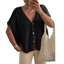 Comfortable Knit Shirt For Women V Neck Design-Black M