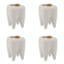4X Tooth Shape White Ceramic Flower Pot Modern Design Planter Teeth Model Desktop Pot Gift(Without Plants)
