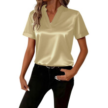 Chemise Ă manches courtes pour femmes, pull Ă col en v,-Kaki S