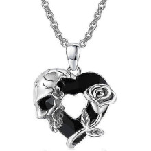 Colar Caveira em Prata Esterlina com Rosa, Pendente Gótico em Forma de Coração, Presente de Joalharia para Homem e Mulhe