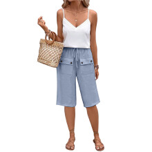 Pantalon cargo léger avec poches pour femme, coupe ample,-Bleu S