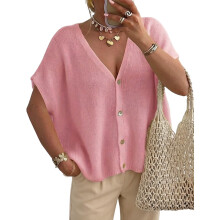 Cardigan léger à manches courtes et col en V pour femme,-Rose M