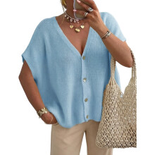 Dames casual gebreide blouse V-hals korte mouwen-Blauwe L