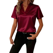Damesshirt met korte mouwen, trui met V-hals,-Donkerrood S