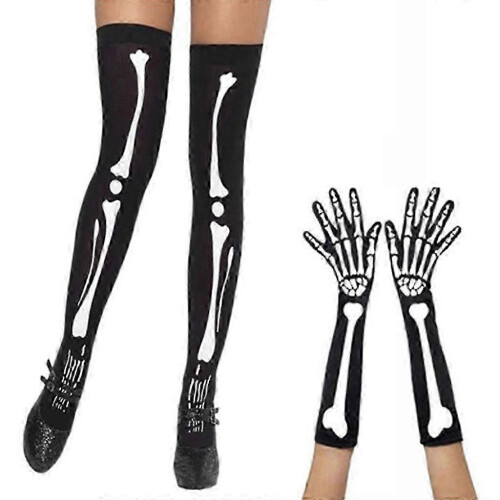 Γυναικεία γάντια Halloween Cosplay με κρανίο και σκελετό, κάλτσες μέχρι τον 2