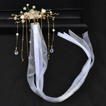 (White) Vintage Tassel Hair Clip Ethnic Style Handmade Alloy Headdress with Ribbon for Chinese Hanfu Cosplay Costume