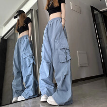(Blue, S) Women\'s Cargo Pants - Casual Wide Leg with Pockets