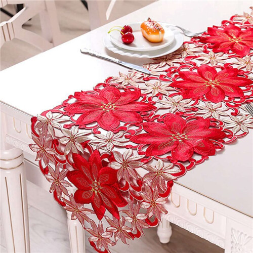 2X Corredor de Mesa de Natal, Toalhas de Mesa Bordadas com Folhas de Azevinho Poinsétia para DecoraçõEs de Natal 15 X 59 Polegadas 2