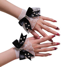 Women Fingerless Gloves Bows Ruffle Arm Sleeves Hand-Black