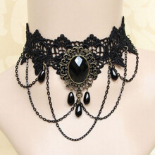 (A) Vintage Lace Choker Necklace with Gem Pendant