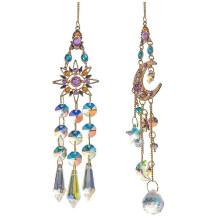 2PCS Crystal Sun Moon Suncatcher Pendant, Vintage Rainbow Prism Window Hanging Wind Chime Light