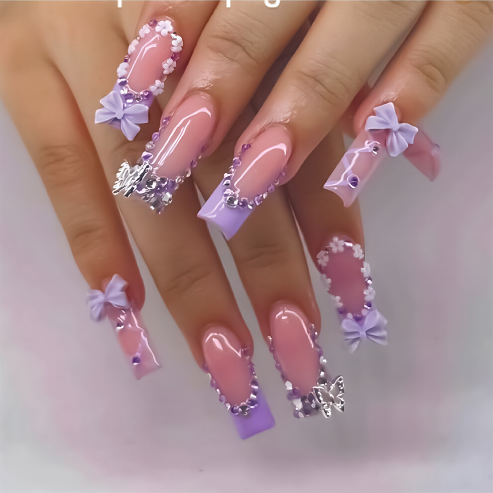 Phui-Pet-Supplies 24Pcs Pink Fake Nails With Bowknot, Zero Pressure Design