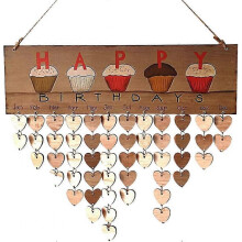 Birthday Reminder Calendar Wooden DIY Wall Hanging Cupcake Calendar with Heart Wooden Tag Home Wall Decor Brown 1pc