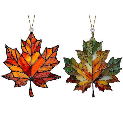 Stained Acrylic Maple Leaf Window Hanging Ornament 3.9in Fall Decor 2PCS