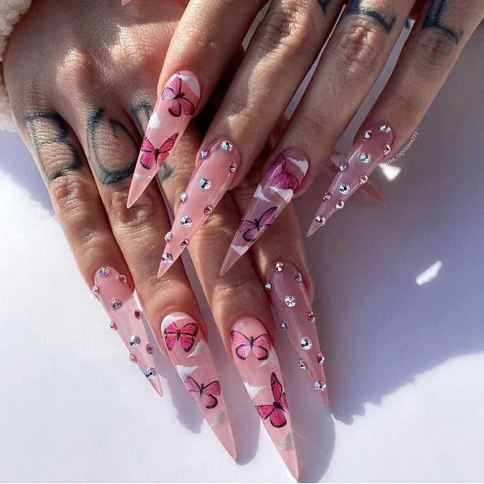 Dachuang Beauty 24Pcs Pink Butterfly Fake Nails With Diamonds