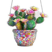 Stained Glass Cactus & Bird Sun Catcher, Multicolor Window Hanging Ornament for Home Decor Gift