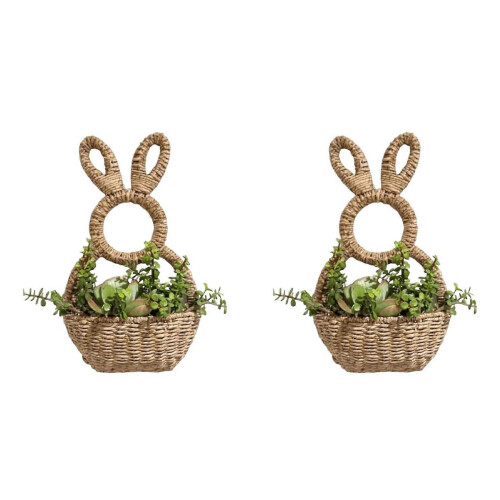 2X Hand Woven Wicker Easter Bunny Basket Hanging Wall Pocket Spring Decor