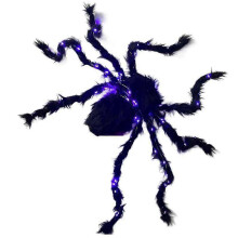 Halloween Spider Decor, Fake Giant Spider with Purple LED Lights, Light Up Black Hairy Spider for Yard 150CM