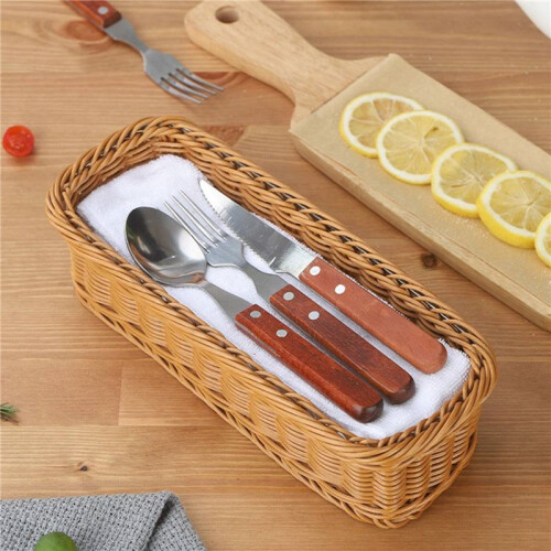 3X Desktop Cutlery Storage Basket Woven Basket Restaurant Tableware Drain Storage Box Tableware Storage Basket, Brown 2
