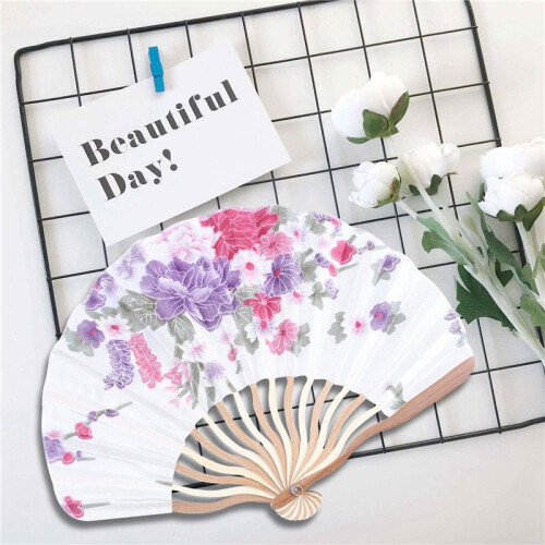 3X Bamboo Flower Printed Japanese Style Foldable Hand Held Fan Gift Decor 2
