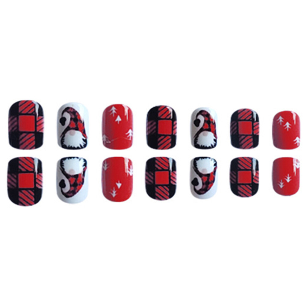 Dcph-Clothing Grid Print Red Christmas False Nails - Odorless & Comfy
