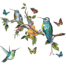 Bird on Tree Branch Wall Sticker, Removable Watercolor Flower Hummingbirds Butterfly Decal, Art Mural Paper for Nursery Bedroom Living Room Office