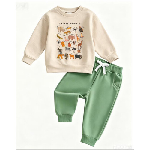 (3-4 Years, Apricot) Boy Fall Outfits Animal Print Long Sleeve Pullover Solid Pants 2 Pcs Set