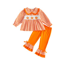 (2-3 Years, Orange) Baby Girl Halloween Outfits Long Sleeve Plaid Tops + Bell Bottoms Set