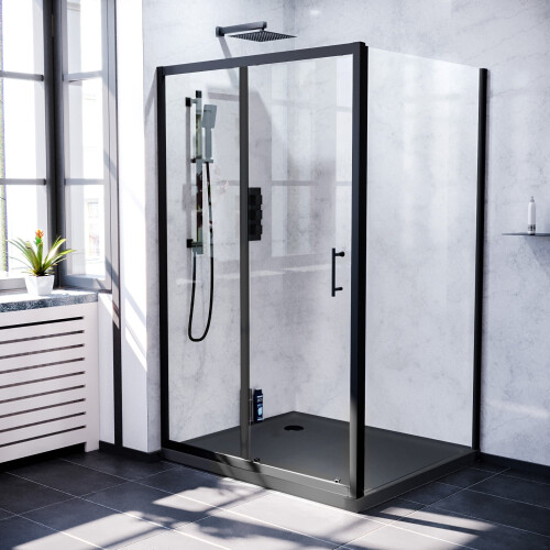 NES Home 1400mm Black Sliding Door 800mm Frameless Side Panel & Slate Grey Tray